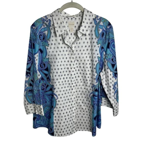 Chico’s No Iron Paisley Mirror Shirt Women’s Size XL 3 Button Front Colorful - Picture 1 of 11